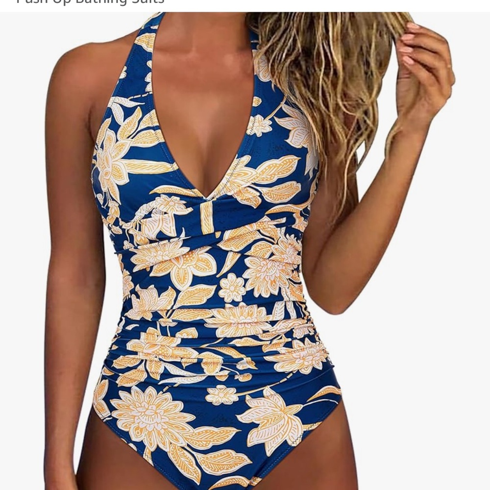 Blue and Yellow One Piece Swimsuit with Ruching